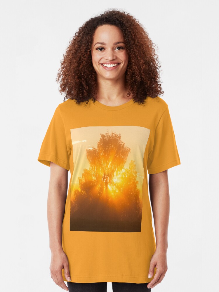 Alternate view of Sunbeams through tree in morning fog Slim Fit T-Shirt
