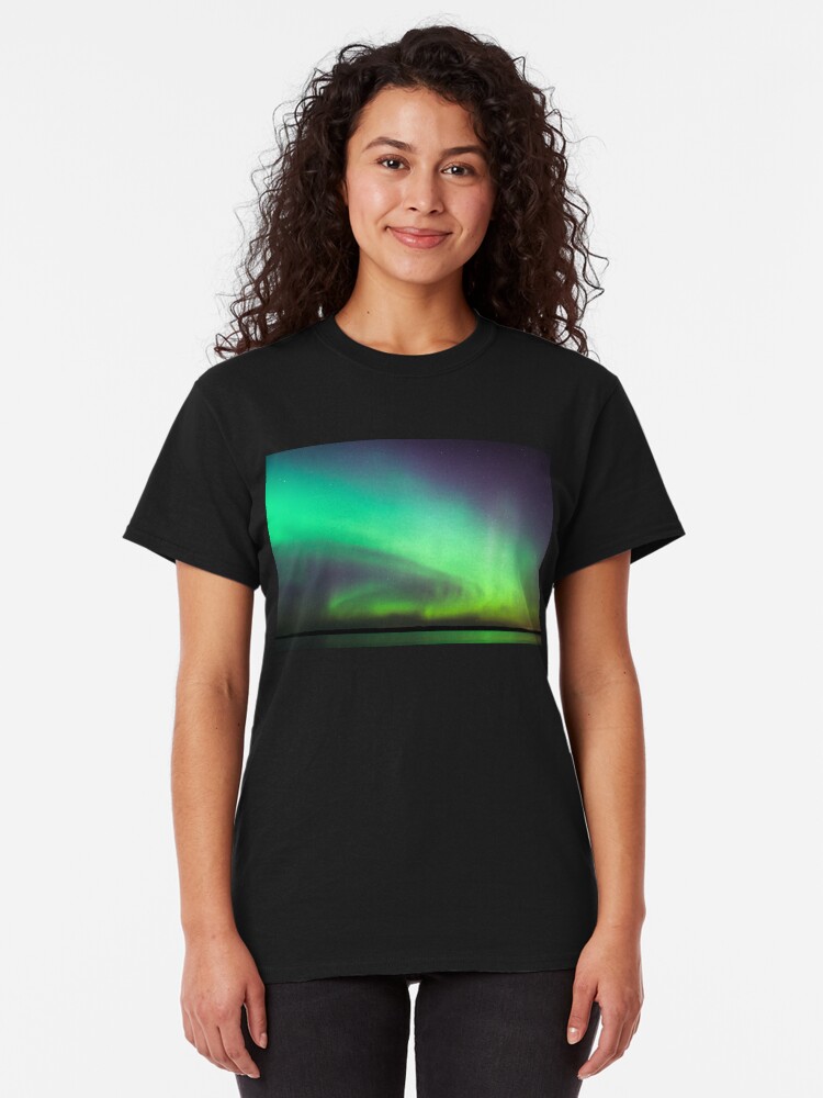 Alternate view of Northern lights over lake in Finland Classic T-Shirt