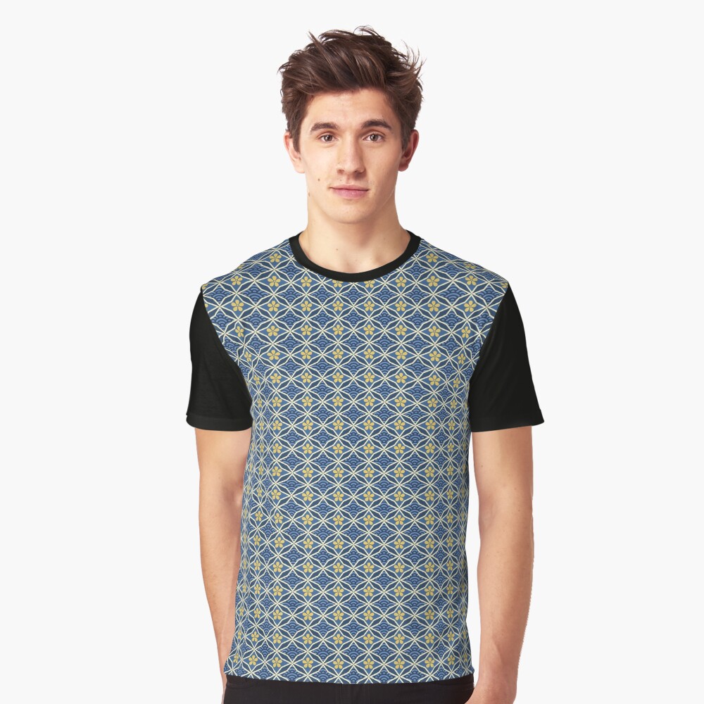 Asian Traditional Inspired in Blue and Gold Graphic T-Shirt