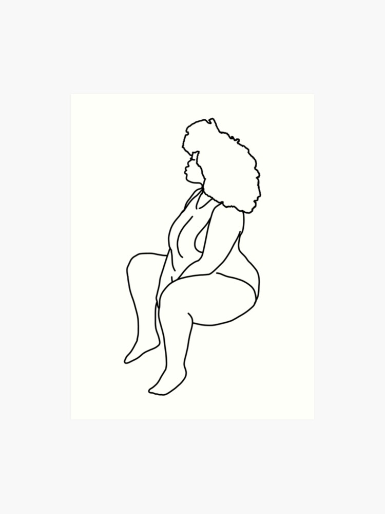 Curvy Black Woman Line Art Natural Afro Hair Melanin Queen