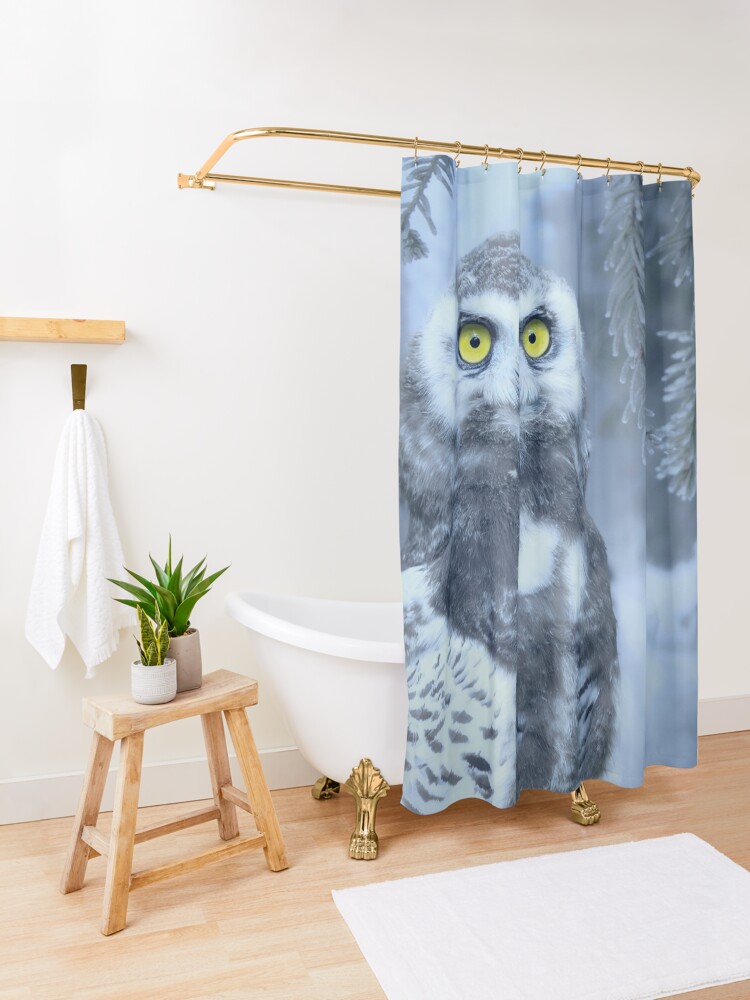 Alternate view of Snowy Owl Forest Bird Yellow Eyes Photo-realistic Wildlife Print Shower Curtain