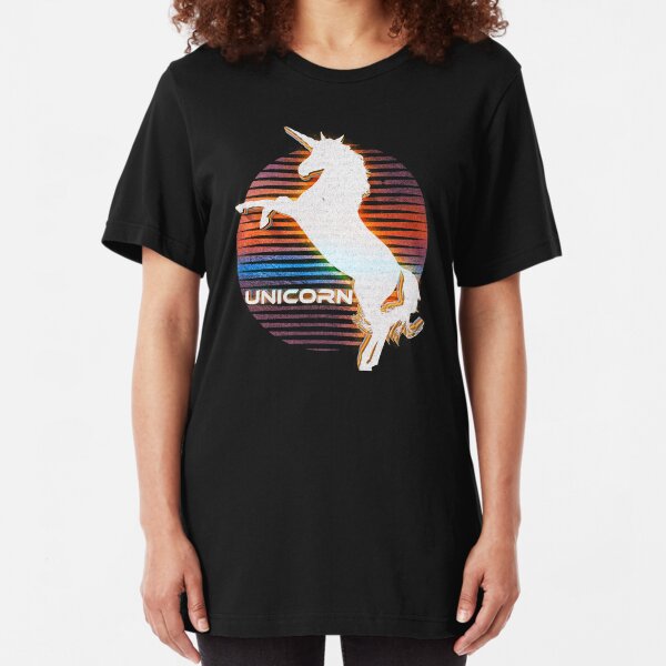 Unicorn Black Grey White Retro Galaxy Unicorn Graphic Logo Slim Fit T-Shirt