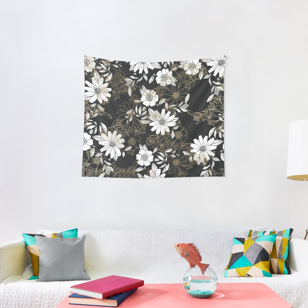 Modern black white faux gold elegant floral Tapestry