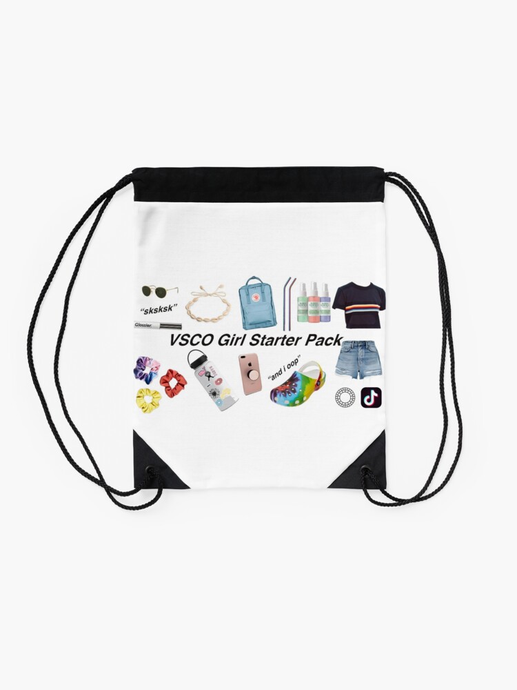 Alternate view of vsco girl starter pack, vsco girl packs Drawstring Bag
