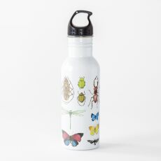 The Usual Suspects - Insects on grey - watercolour bugs pattern by Cecca Designs Water Bottle