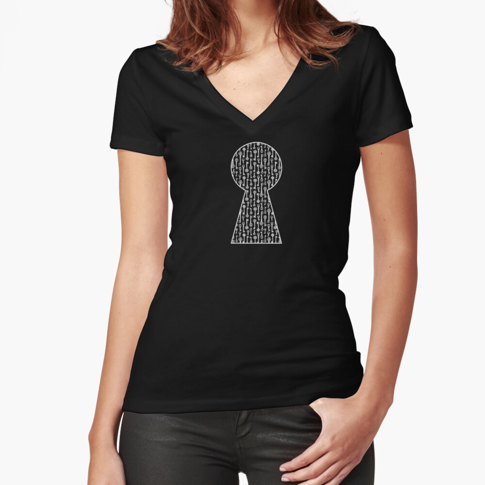 Key Pattern | Ornate Vintage Keys | Victorian Keys | Black and White | Fitted V-Neck T-Shirt