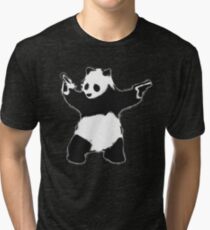 Banksy Panda with guns black and white Graffiti Street art with Banksy signature tag on white background HD HIGH QUALITY ONLINE STORE Tri-blend T-Shirt