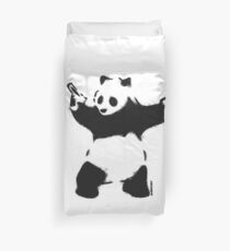 Banksy Panda with guns black and white Graffiti Street art with Banksy signature tag on white background HD HIGH QUALITY ONLINE STORE Duvet Cover