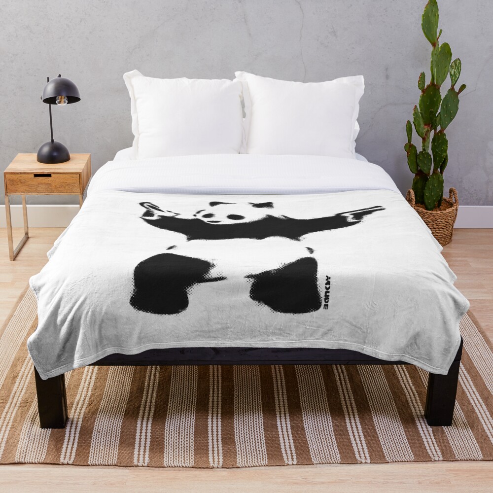Banksy Panda with guns black and white Graffiti Street art with Banksy signature tag on white background HD HIGH QUALITY ONLINE STORE Throw Blanket