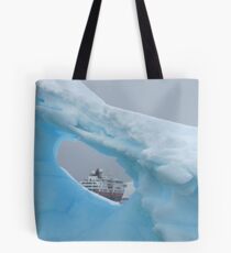 Ship as seen through Antarctic Iceberg Tote Bag