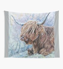 highland cow on a frosty winters day. Wall Tapestry