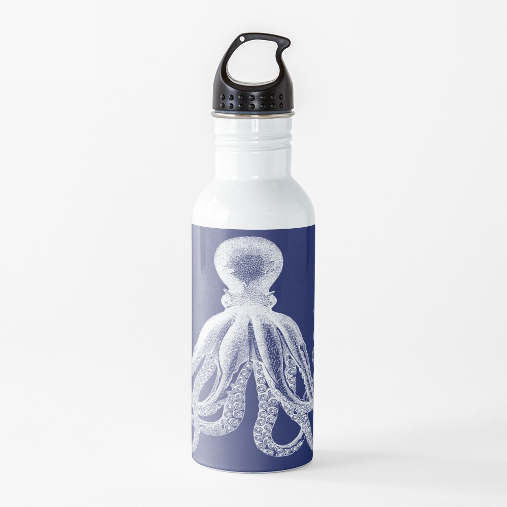 Krake | Weinlese-Krake | Tentakeln | Meeresbewohner | Nautik | Ozean | Meer | Strand | Marineblau und Weiß | Trinkflasche