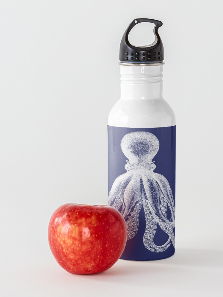 Alternative Ansicht von Krake | Weinlese-Krake | Tentakeln | Meeresbewohner | Nautik | Ozean | Meer | Strand | Marineblau und Weiß | Trinkflasche