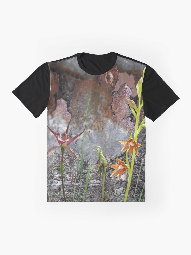 Alternate view of Rusty Spider & Orchids with Rusty Tin, native orchids of Australia. Graphic T-Shirt