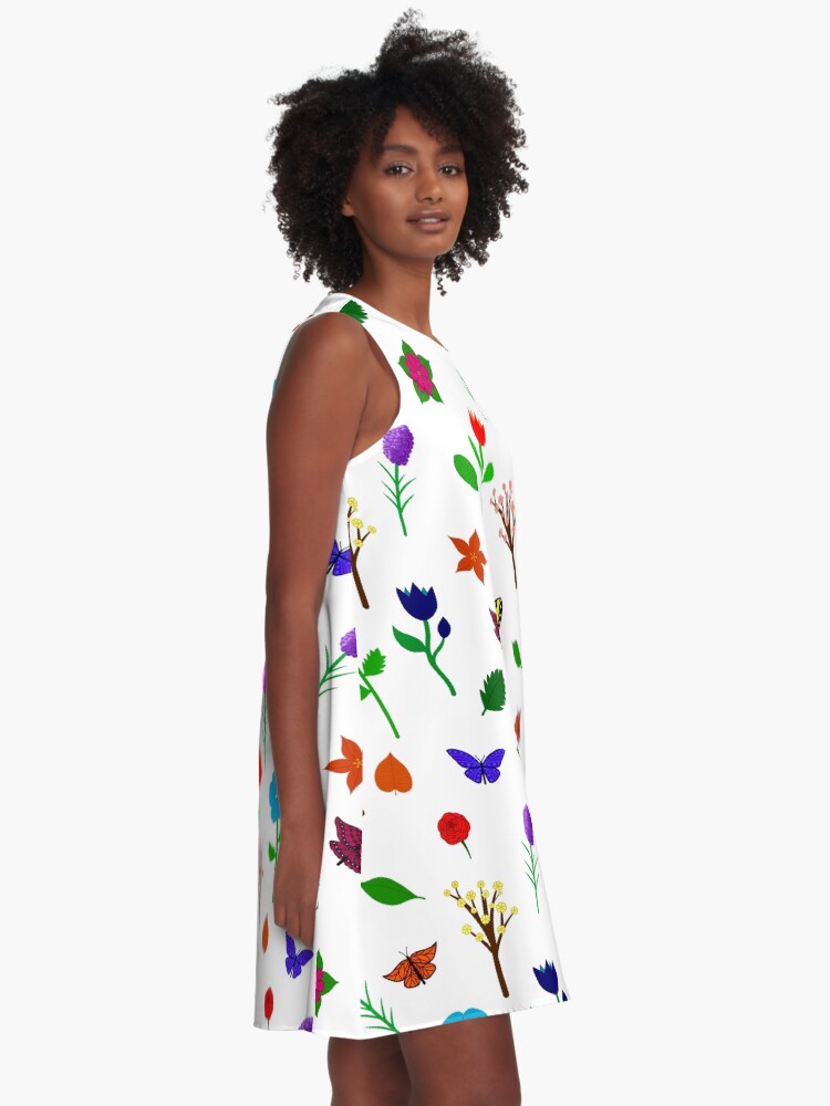 Alternate view of Scattered Flowers and Butterflies, no background A-Line Dress