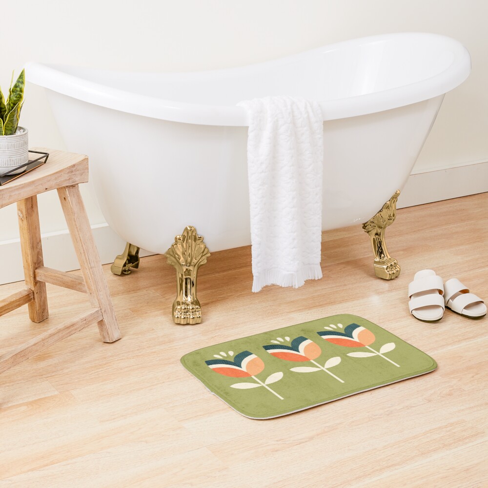 Retro Tulip - Orange and Olive Green Bath Mat