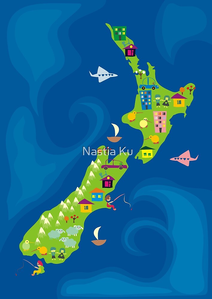 "cartoon map of new zeland" by ychty | Redbubble