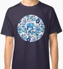 Blush Pink, White and Blue Elephant and Floral Watercolor Pattern Classic T-Shirt