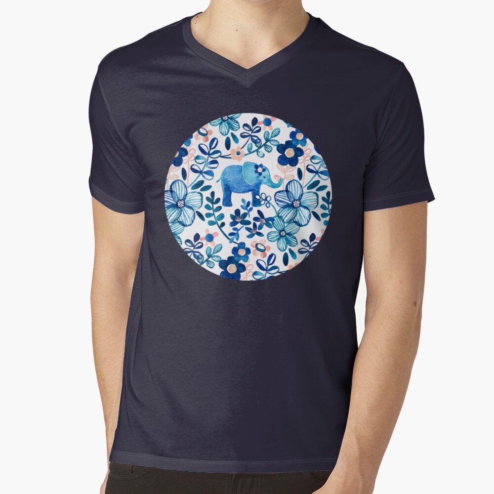 Blush Pink, White and Blue Elephant and Floral Watercolor Pattern V-Neck T-Shirt