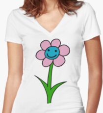 Happy smiling flower - pink and blue Women's Fitted V-Neck T-Shirt