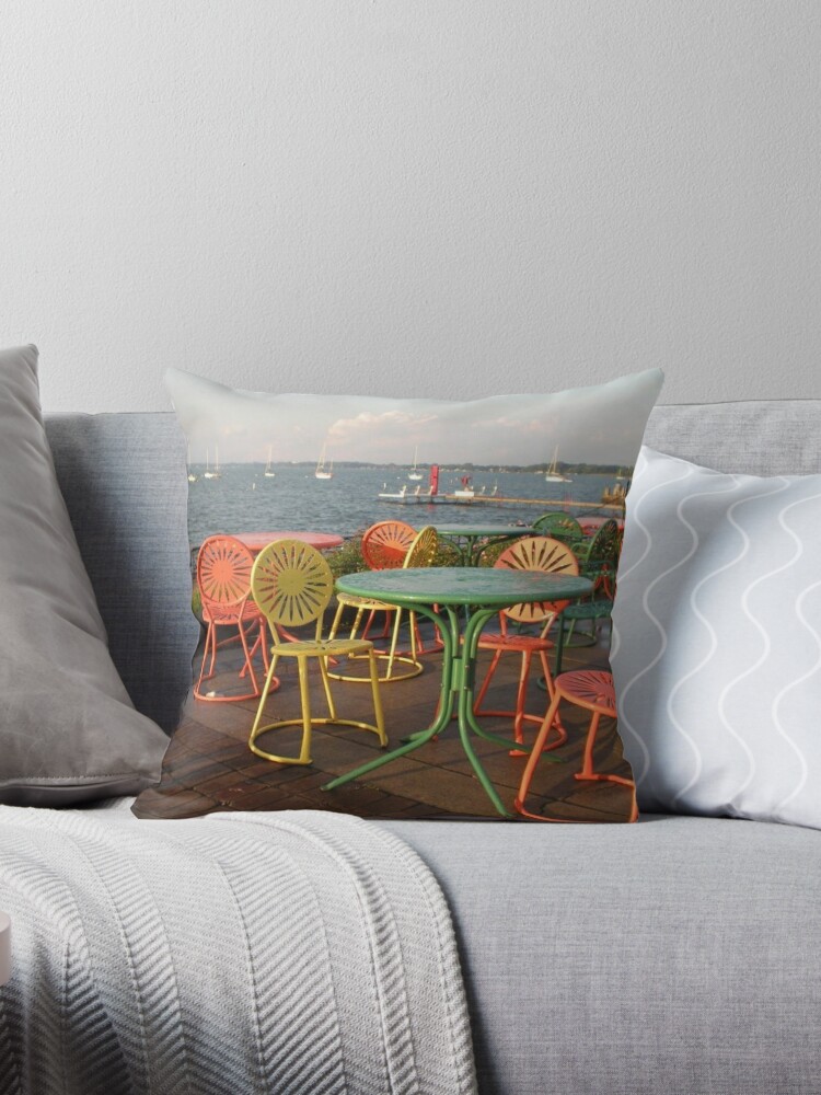 Uw Madison Union Terrace Chairs And Water Background Throw Pillow By Rachelzizmann