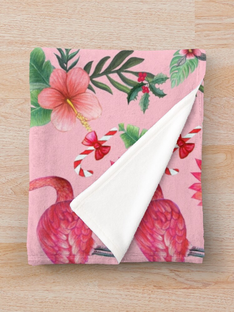 Alternate view of Pink Flamingo in Santa Hat with candy canes, holly and exotic flowers in watercolor Throw Blanket