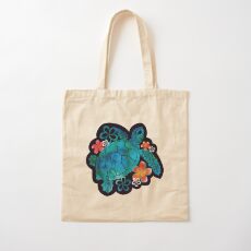 Sea Turtle with Flowers Cotton Tote Bag