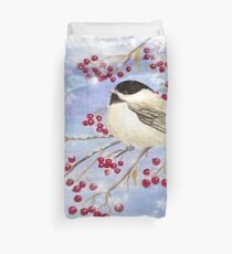 Watercolor Chickadee Bird Winter Berries Duvet Cover