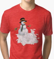 Snowman with Carrot Nose Facing Hungry Bunnies Tri-blend T-Shirt