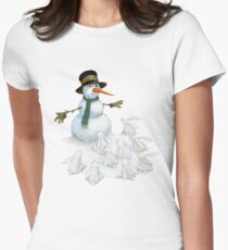 Snowman with Carrot Nose Facing Hungry Bunnies Women's Fitted T-Shirt