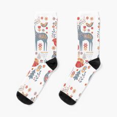 Seamless pattern with winter forest, deer, owl and Fox. The Scandinavian style. Socks