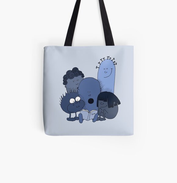 Blue beans reading All Over Print Tote Bag