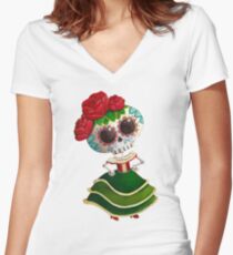 Mexican Skeleton Girl Women's Fitted V-Neck T-Shirt