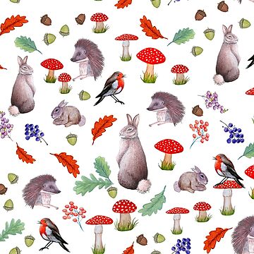 Artwork thumbnail, Rabbit, hedgehog and Robin with red mushrooms, Autumn leaves and berries by MagentaRose