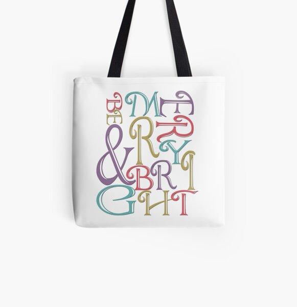 Be Merry and Bright Typography All Over Print Tote Bag