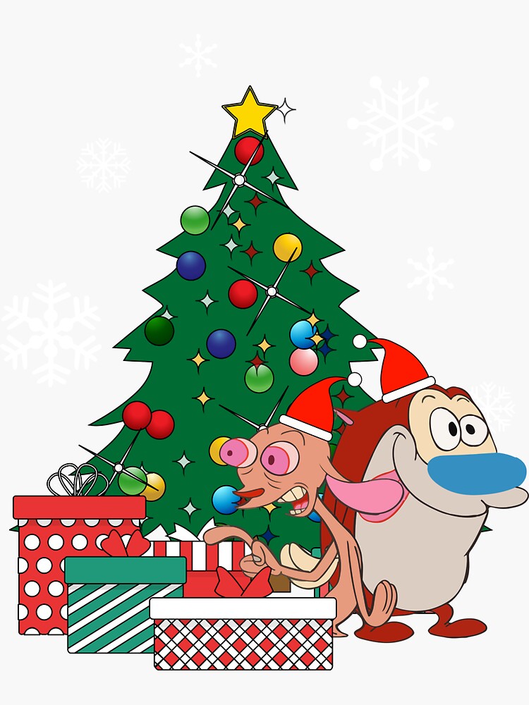 "Ren And Stimpy Around The Christmas Tree" Sticker by Nova5 Redbubble