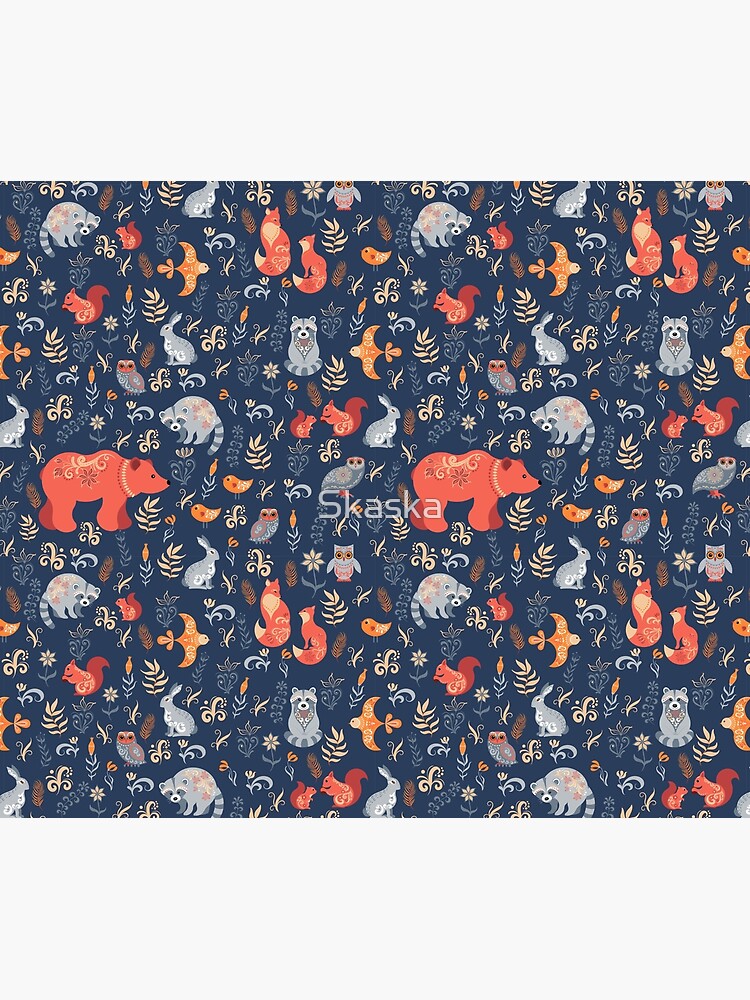 Fairy-tale forest. Fox, bear, raccoon, owls, rabbits, flowers and herbs on a blue background. by Skaska