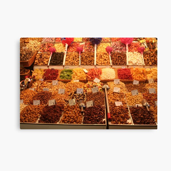 Boqueria market Barcelona - Nuts, dried fruits and sweets Canvas Print