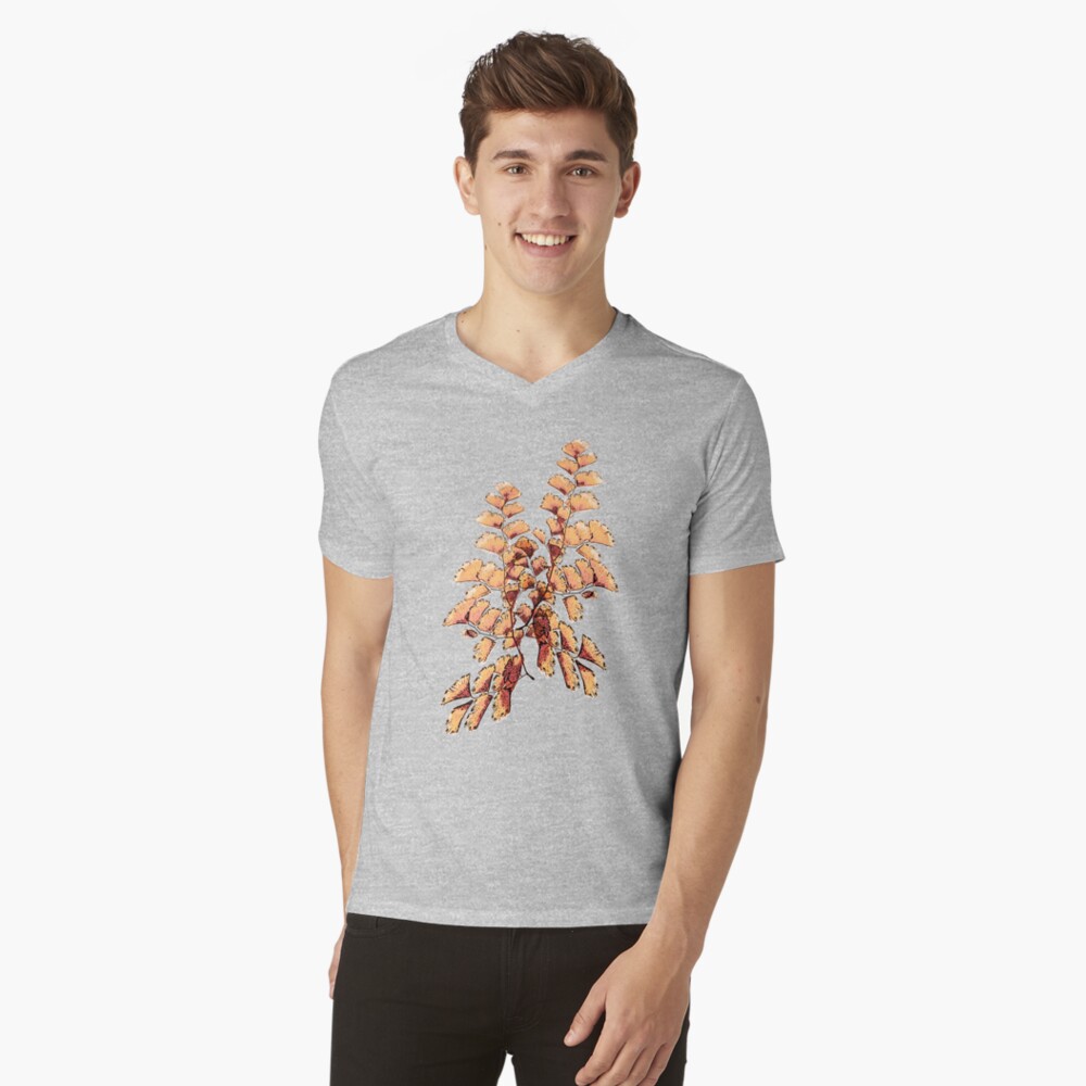 Goldene Blätter Muster T-Shirt mit V-Ausschnitt