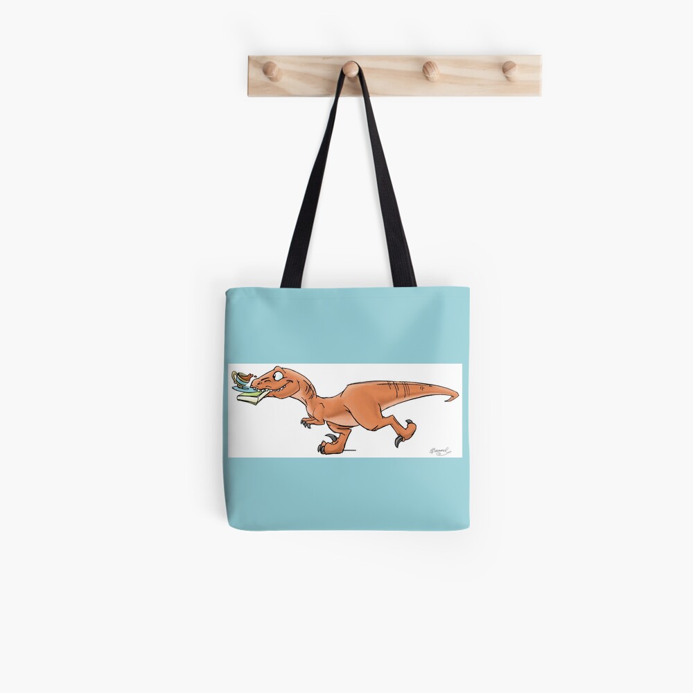 Raptor Tea and Book Fetch! from Mom Needs a Dinosaur! Book - Blue Background Tote Bag