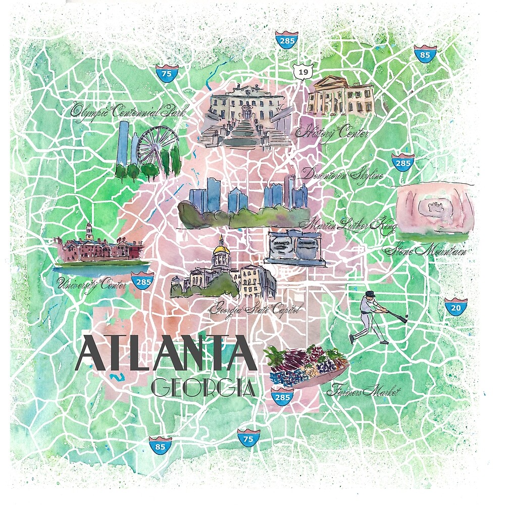 Atlanta Georgia Usa Illustrated Map With Main Roads Landmarks And