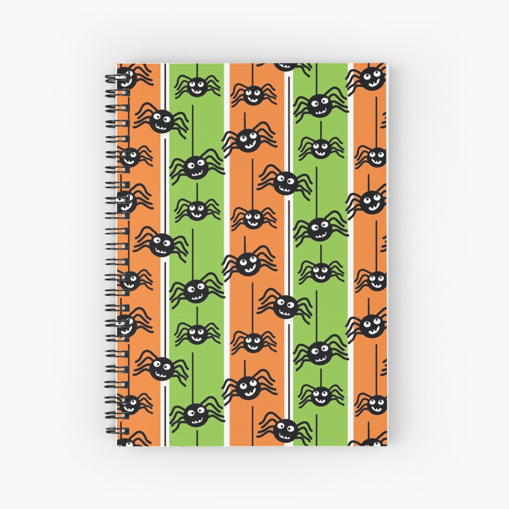 Halloween Spiders Dangling Orange and Green Spiral Notebook