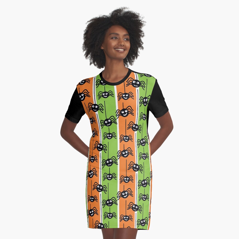 Halloween Spiders Dangling Orange and Green Graphic T-Shirt Dress