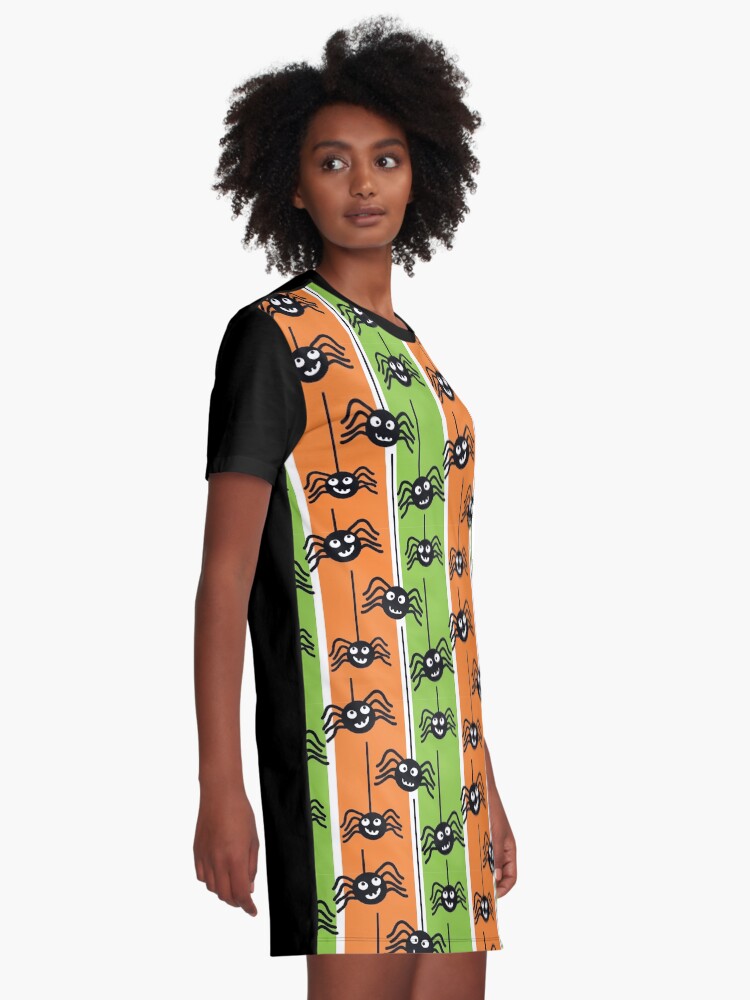 Alternate view of Halloween Spiders Dangling Orange and Green Graphic T-Shirt Dress