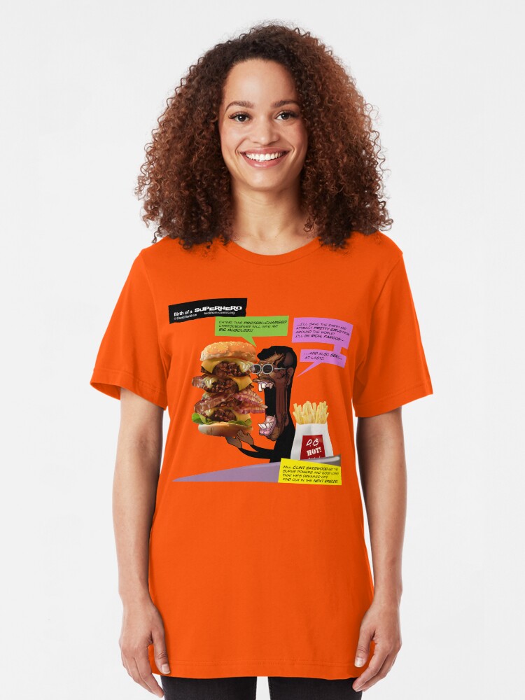Alternate view of Clint Eatswould Birth of a Superhero Cheeseburger Man Slim Fit T-Shirt