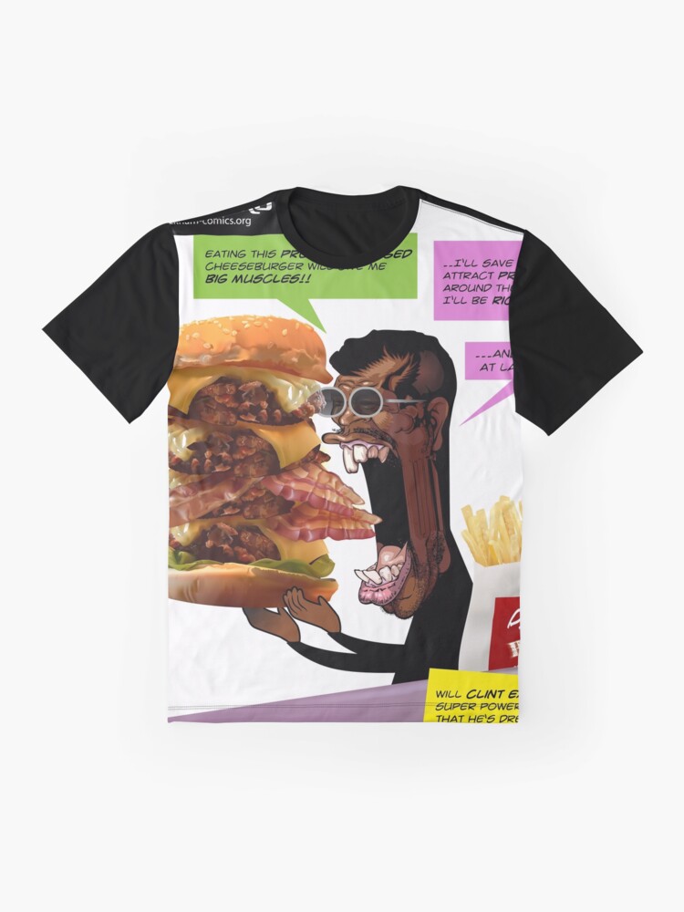 Alternate view of Clint Eatswould Birth of a Superhero Cheeseburger Man Graphic T-Shirt