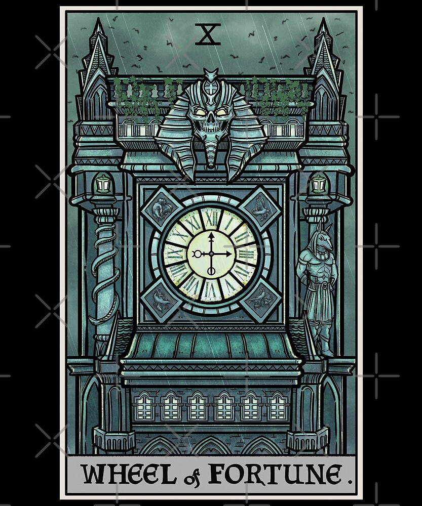 A gothic tarot card featuring a witch and a clock tower, blending Halloween aesthetics with tarot symbolism.
