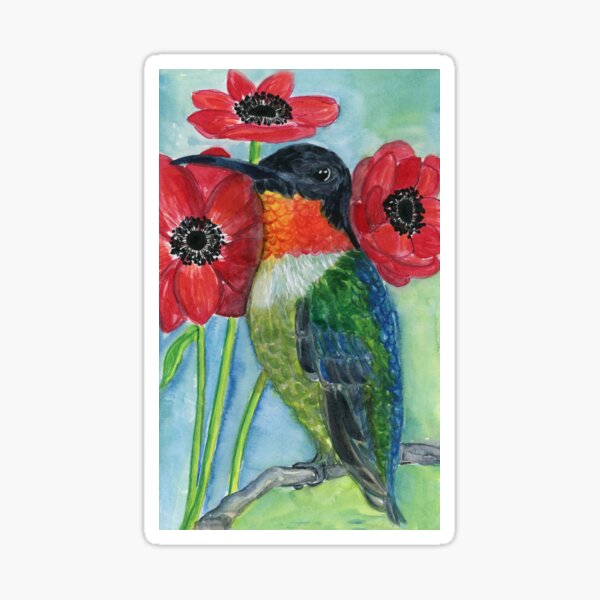 Hummingbird and Poppies Sticker