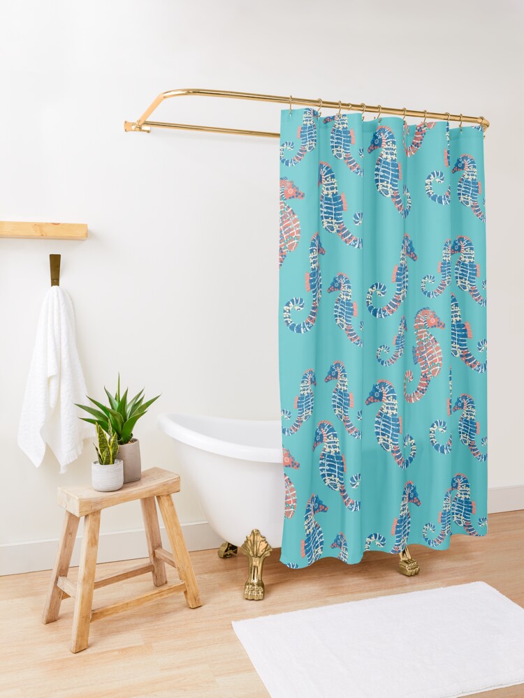 Alternate view of Seahorses Marine Coral Texture Shower Curtain