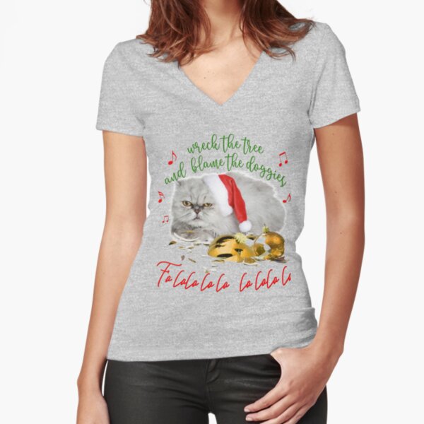 Funny Christmas Cat Falalalala Fitted V-Neck T-Shirt